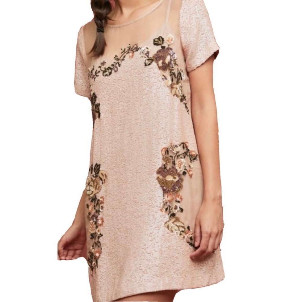 Anthropologie Let Me Be Mini‎ Dress Sequin Floral Pink Size XS